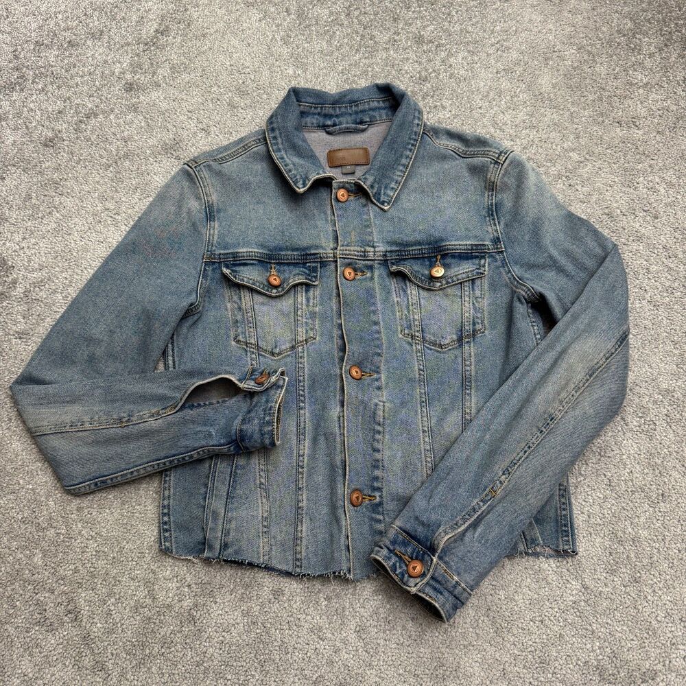 Asos Denim Jacket Womens XS Blue Medium Wash Raw Hem Button Up Trucker Casual
